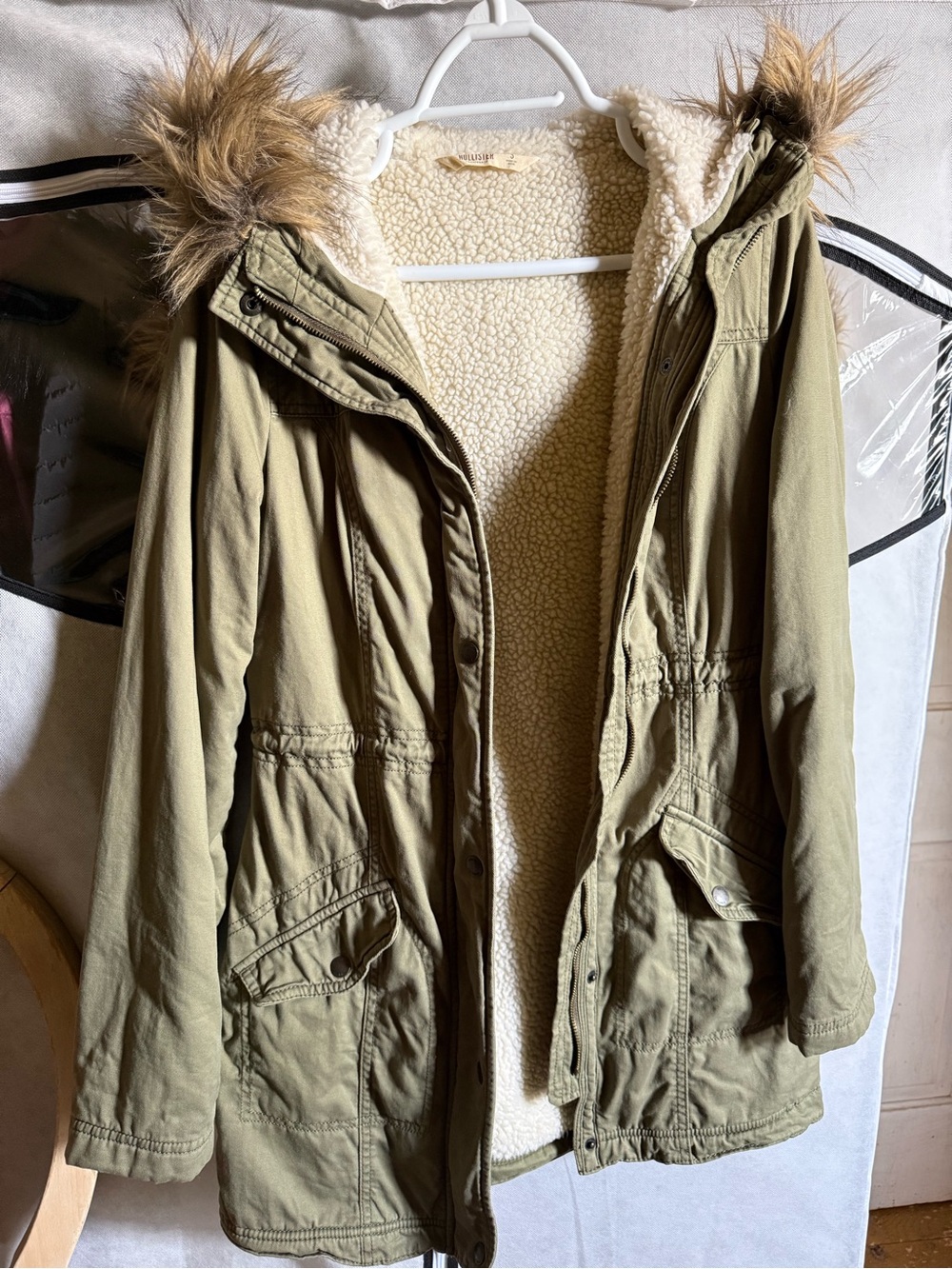 Hollister Olive Green Sherpa-Lined Trench Coat with Faux Fur Hood